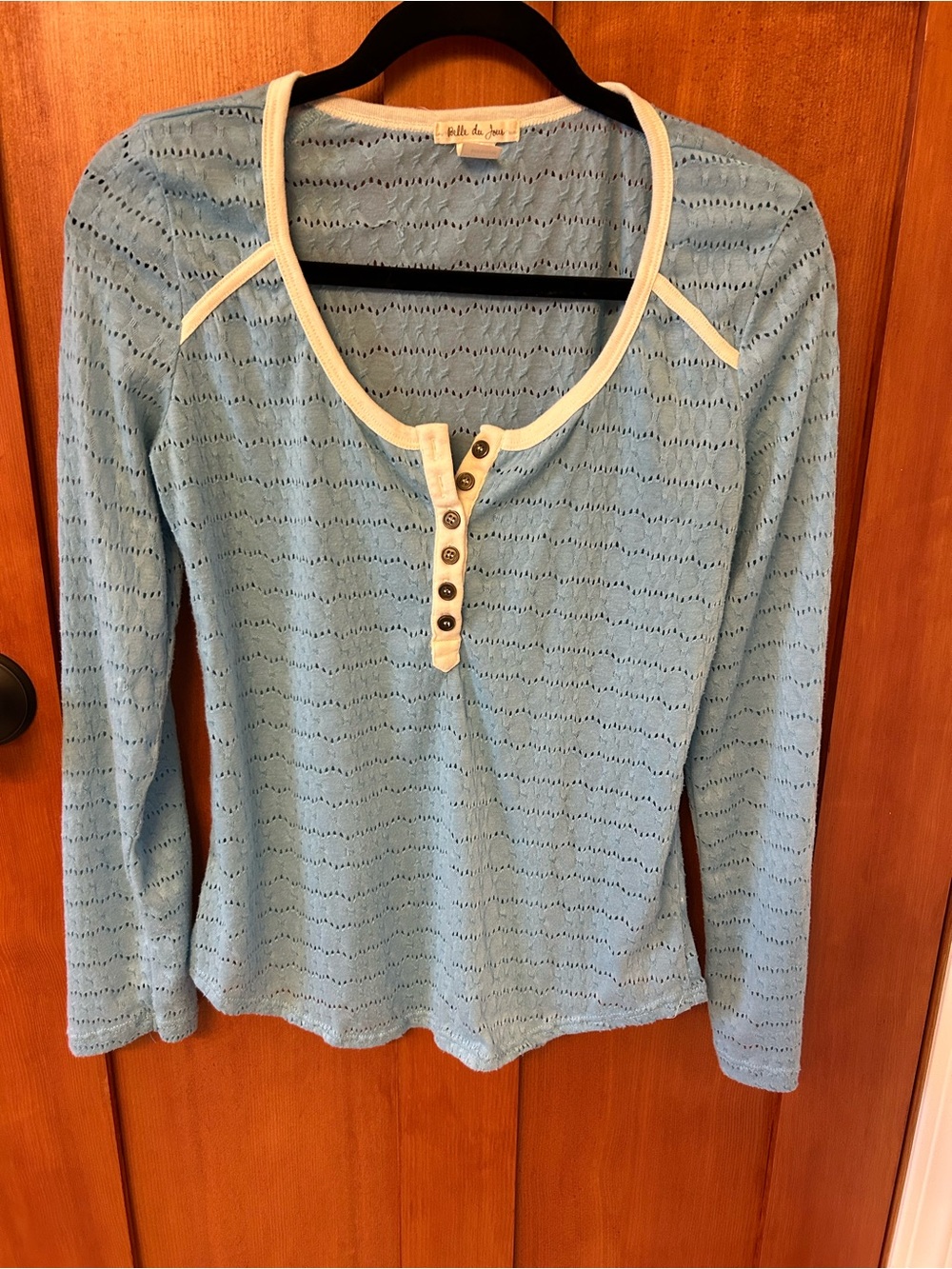 Belle Du Jour Light Blue Knit Long Sleeve Henley with Cream Trim